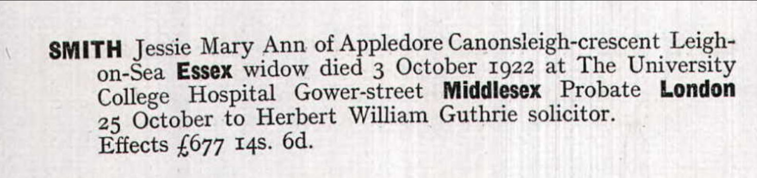 Probate notice Jessie Mary Ann Allen Smith 1922